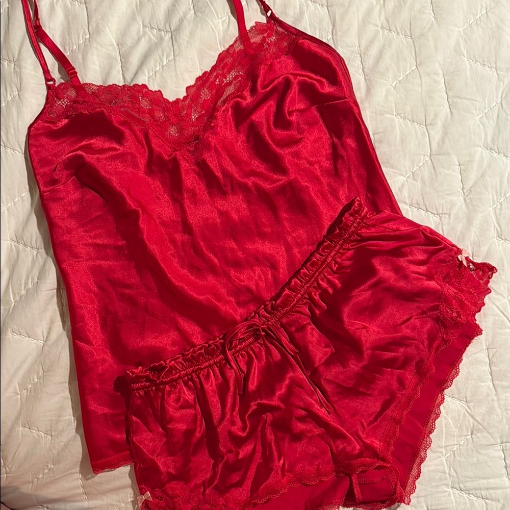 Victoria’s Secret Elegant Red Lace Trim Sleepwear Set